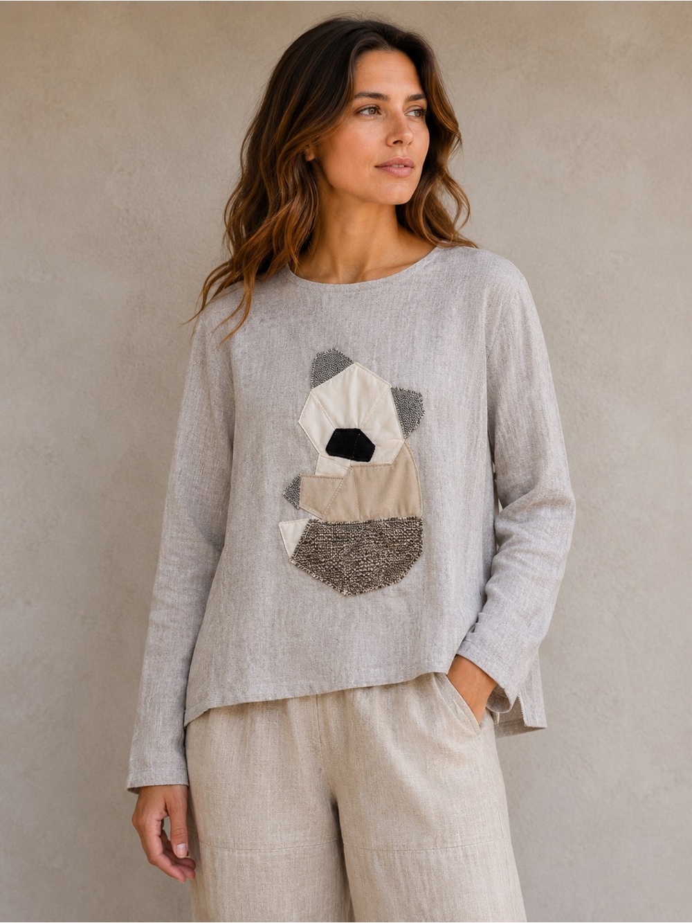 Art Madam Monya Linen Koala Appliqué Art to Wear Top L Neutral Boho